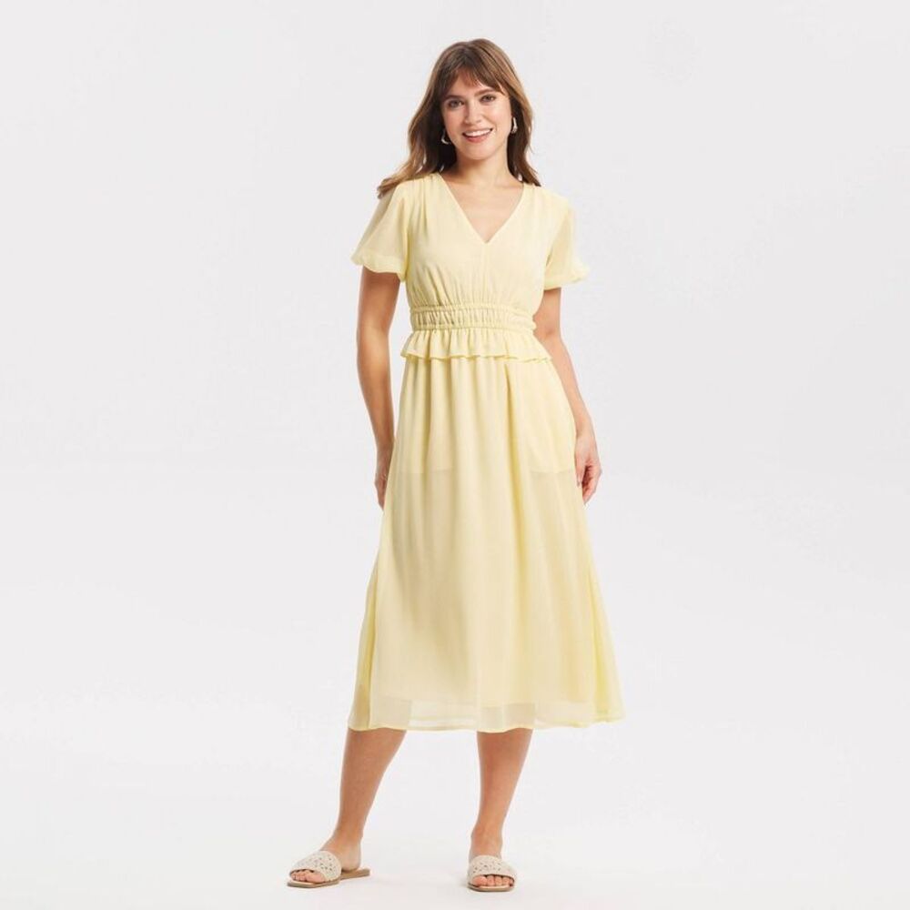 Women’s Short Sleeve Elastic Waist V-Neck Midi Dress - A New Day Light Yellow S